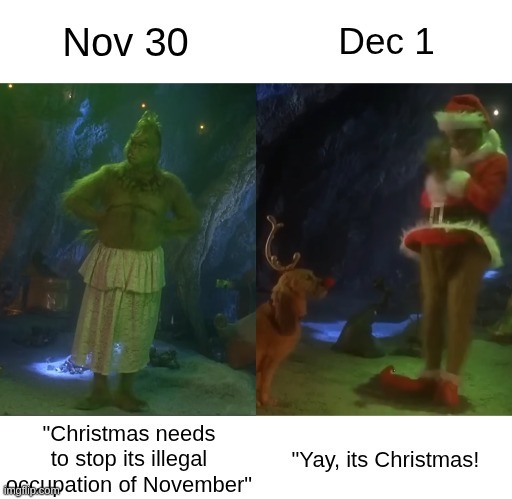 November 30th: Christmas needs to stop its illegal occupation of November. December first: yay its Christmas.